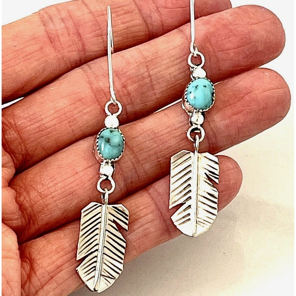 Long Navajo Turquoise Feather Earrings 2.5" Sterling 925 Signed Hooks Dangle